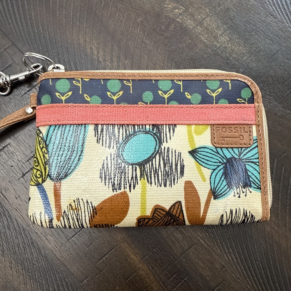 Vintage Fossil Key Per Floral Wristlet Wallet Multicolor Canvas Leather Handle